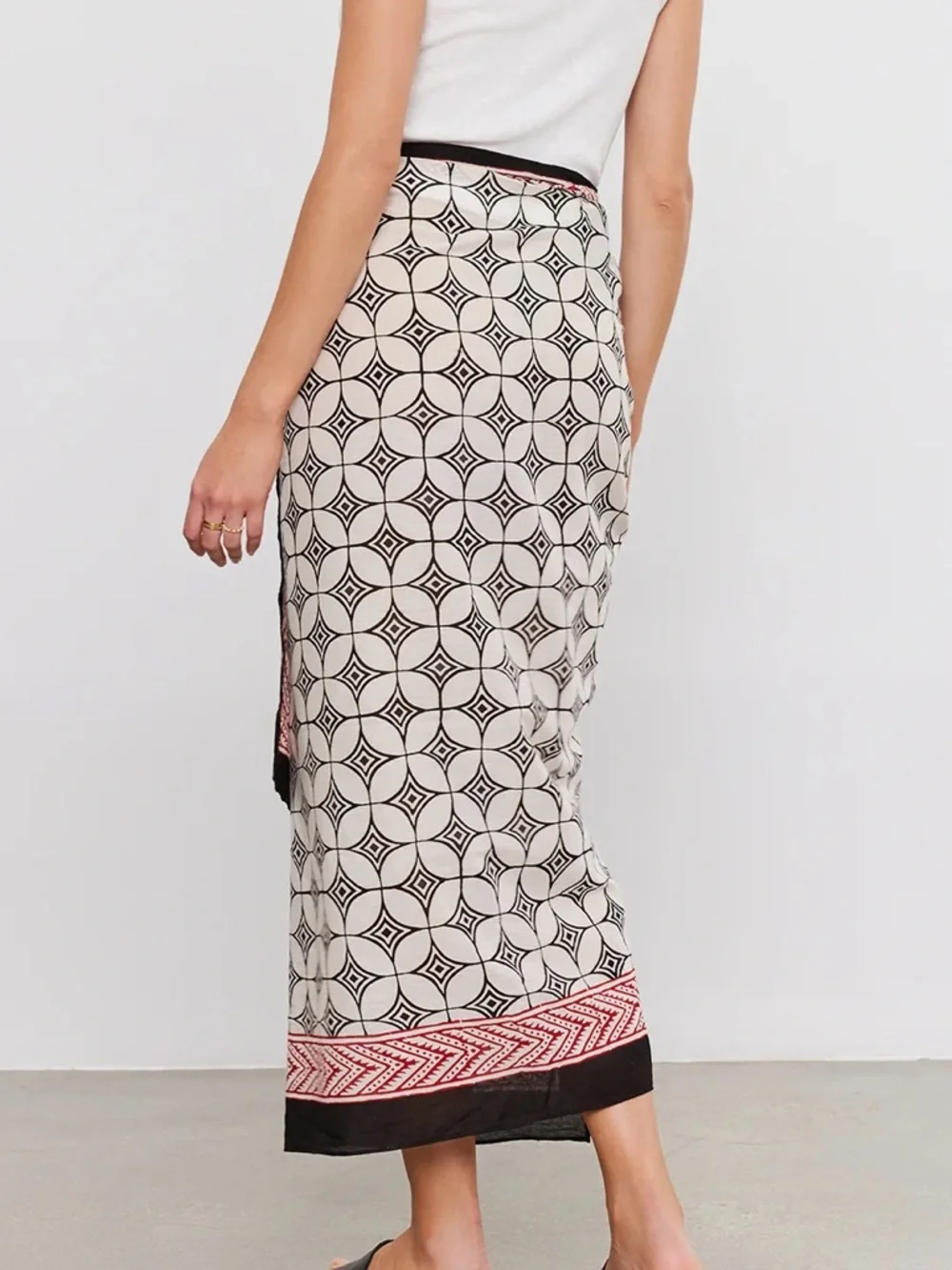Printed Black & Cream Wrap Skirt with Red Trim - Picture 3 of 6